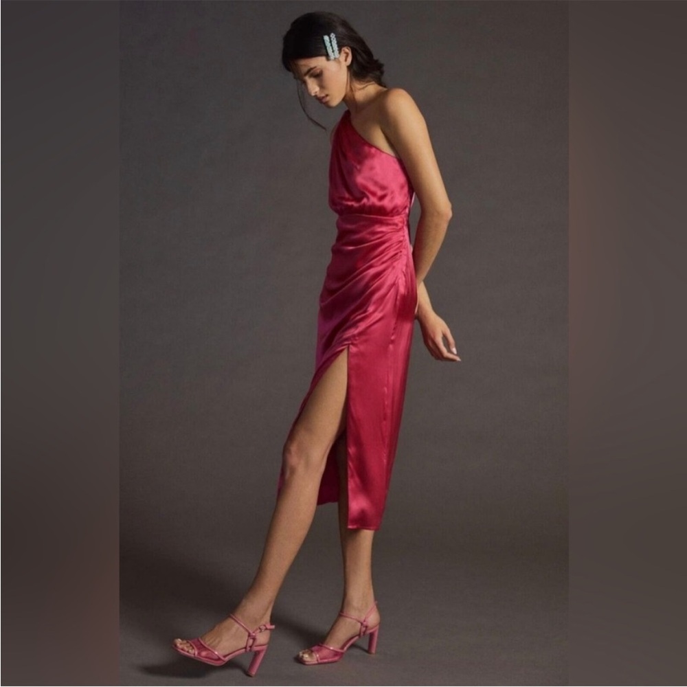 NEW Anthropology, one shoulder, silk, midi dress in raspberry